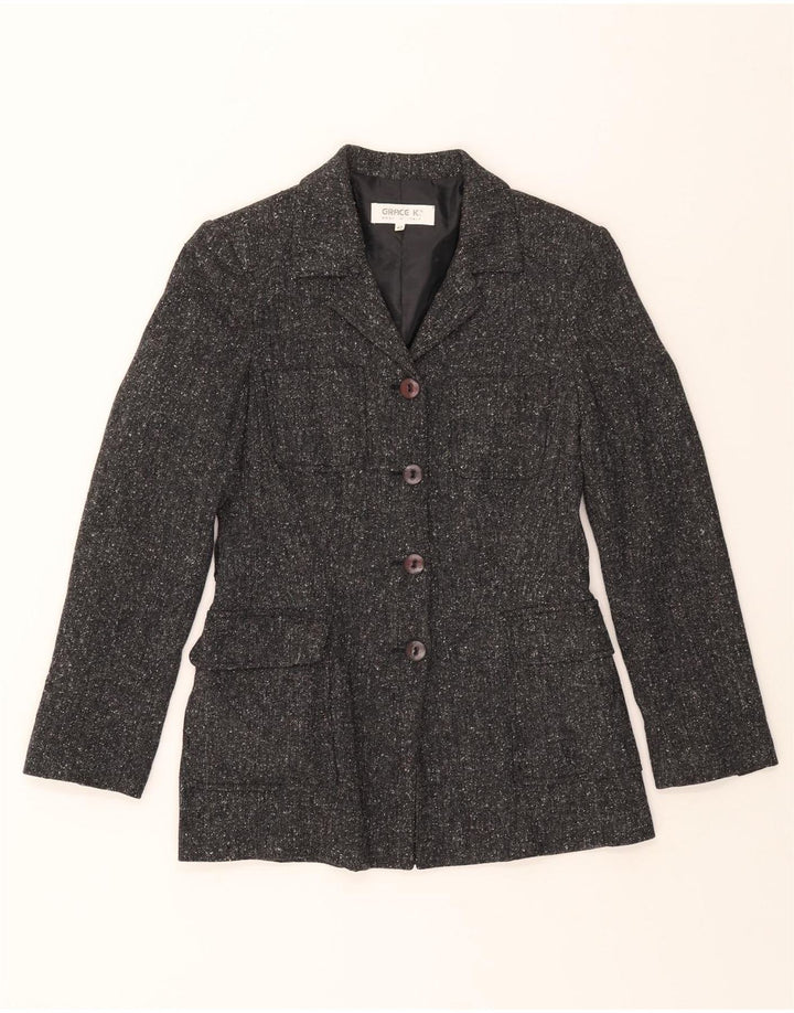 VINTAGE Womens 4 Button Blazer Jacket IT 42 Medium Grey Flecked Linen Vintage Vintage and Second-Hand Vintage from Messina Hembry 