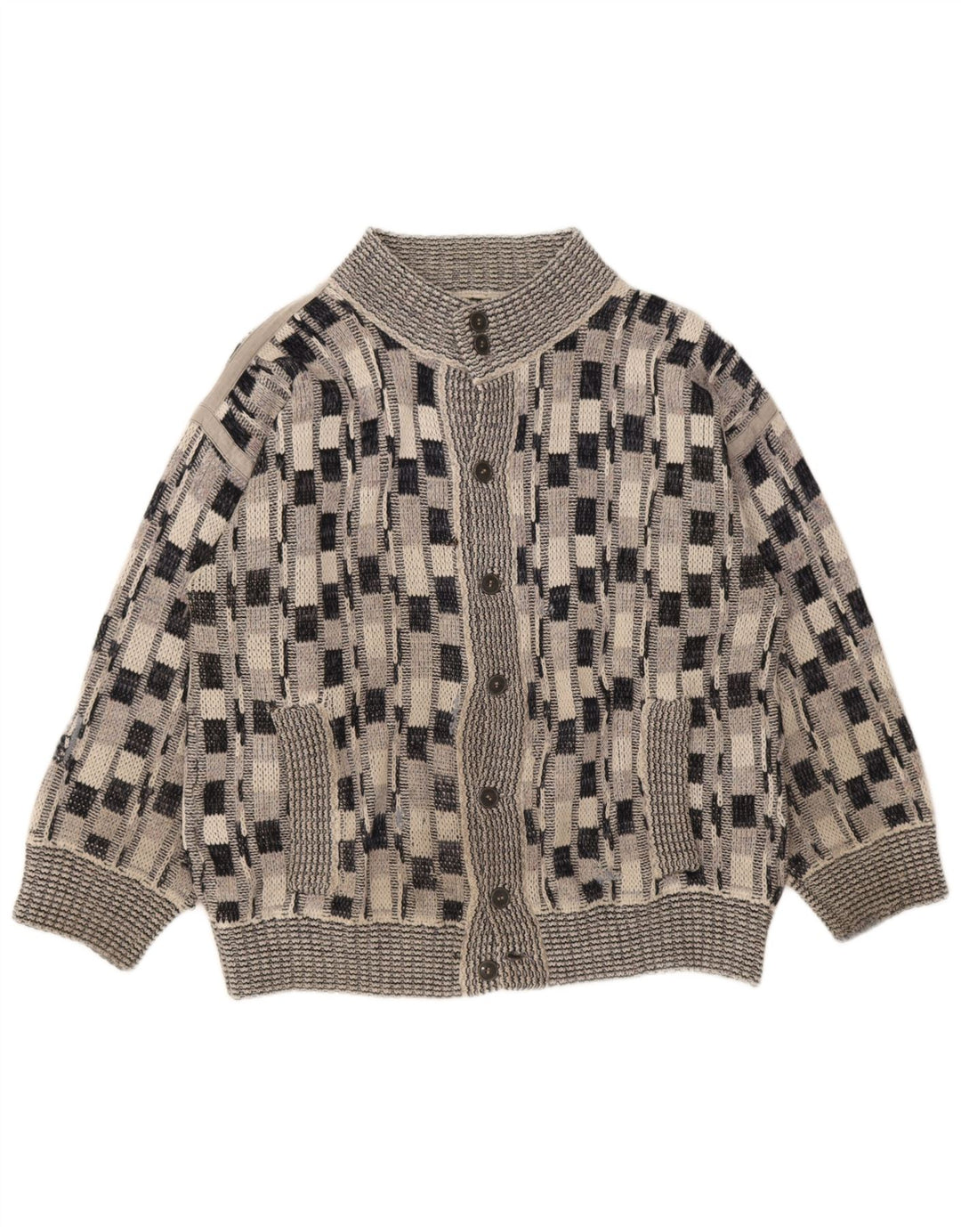 Vintage Mens Cardigan Sweater Large Grey Check