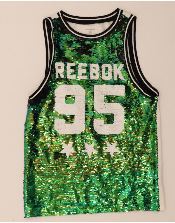 Canottiera grafica da donna Reebok UK 4/6 XS verde cotone color block