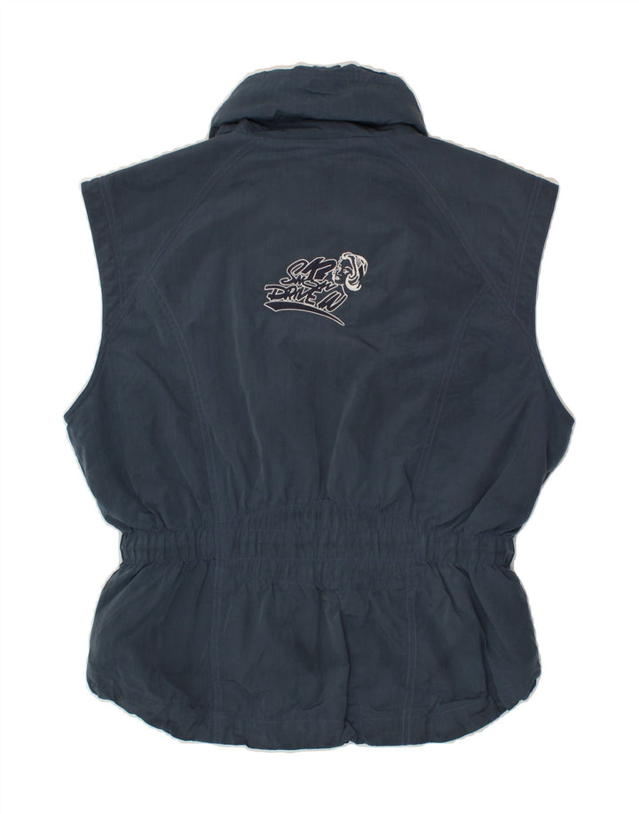 VINTAGE Womens Graphic Gilet EU 40 Medium Navy Blue Nylon Vintage Vintage and Second-Hand Vintage from Messina Hembry 