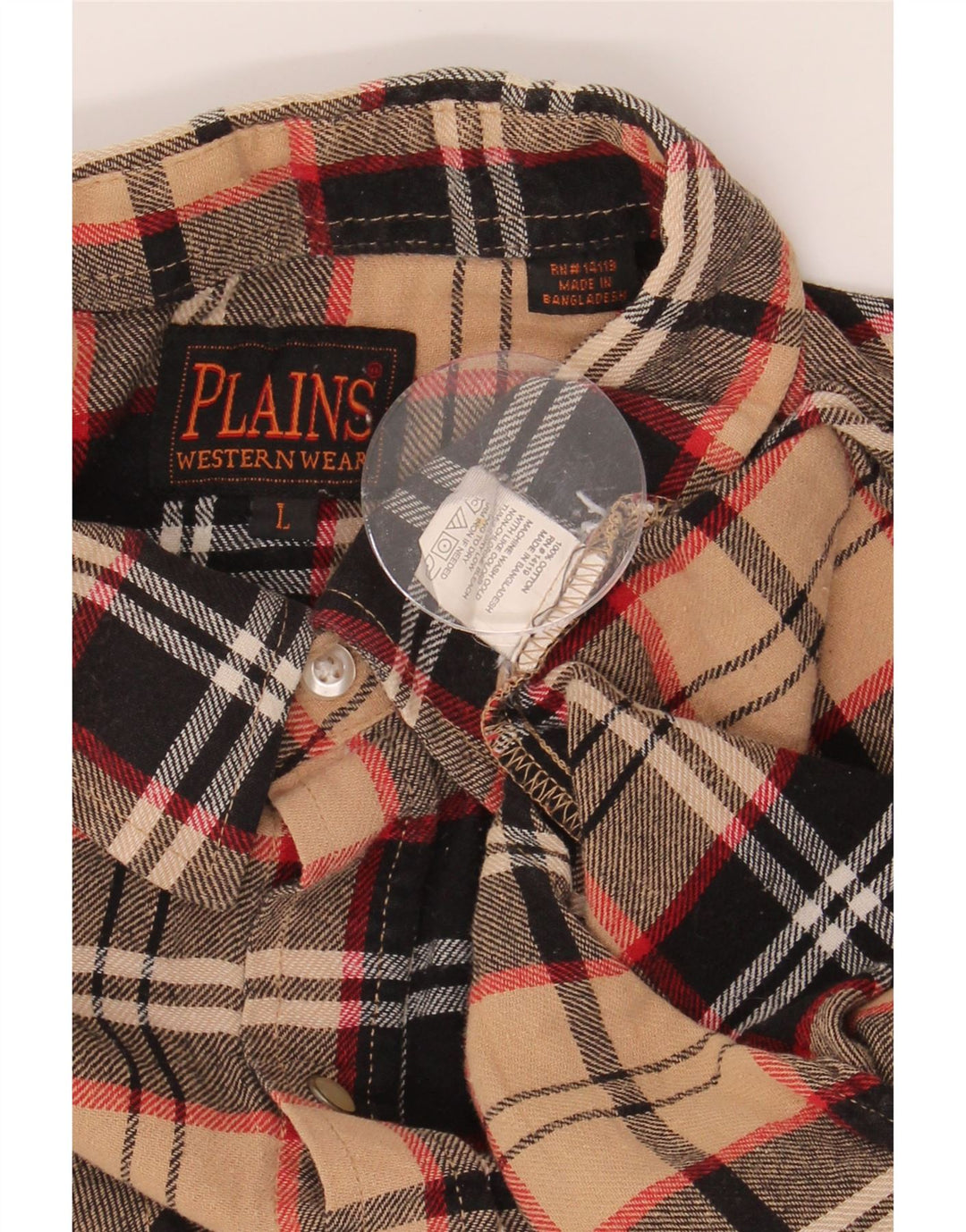 PLAINS Mens Flannel Shirt Large Beige Check Cotton Vintage Plains and Second-Hand Plains from Messina Hembry 
