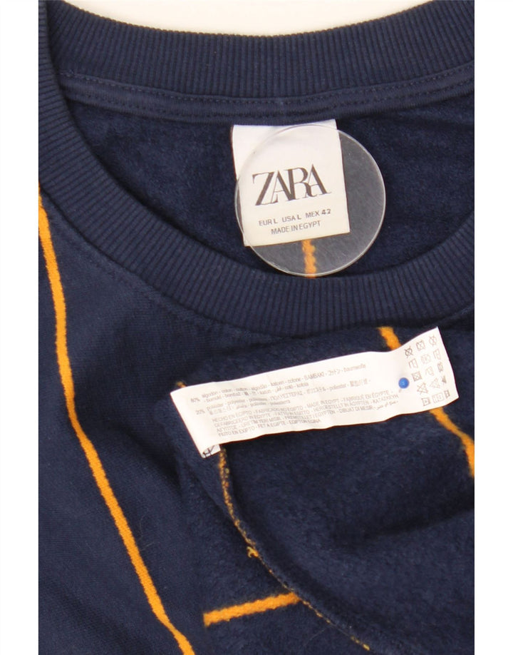 Zara Mens Sweatshirt Jumper Large Navy Blue Striped Cotton
