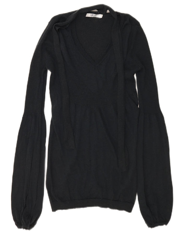Liu Jo Womens Front Tie V-Neck Jumper Sweater UK 10 Small Black Wool