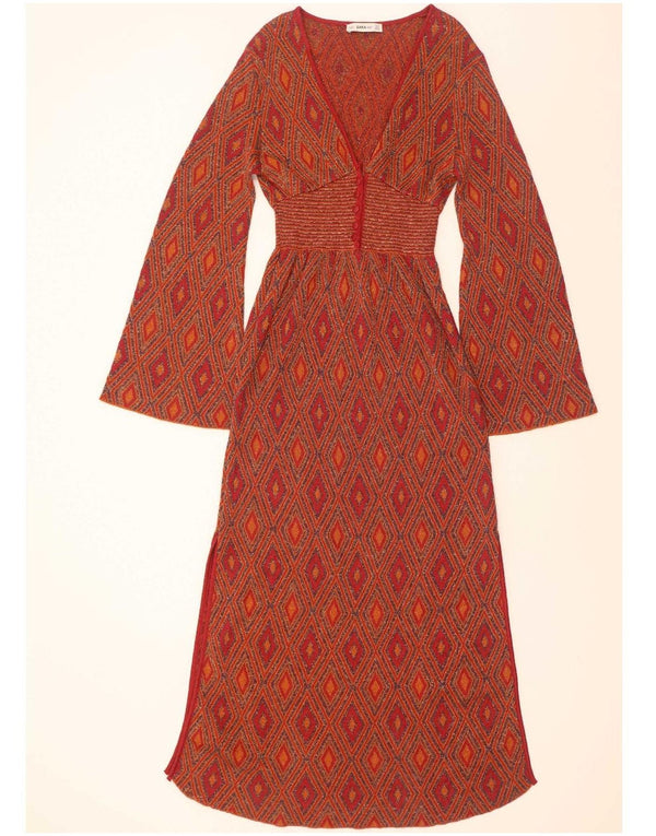 Vestito lungo in maglia a maniche lunghe da donna Zara UK 12 Rosso medio geometrico