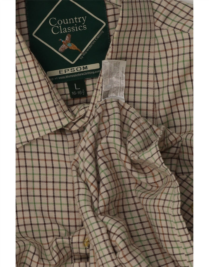 Vintage Mens Shirt Size 16 1/2 Large Beige Check Polyester