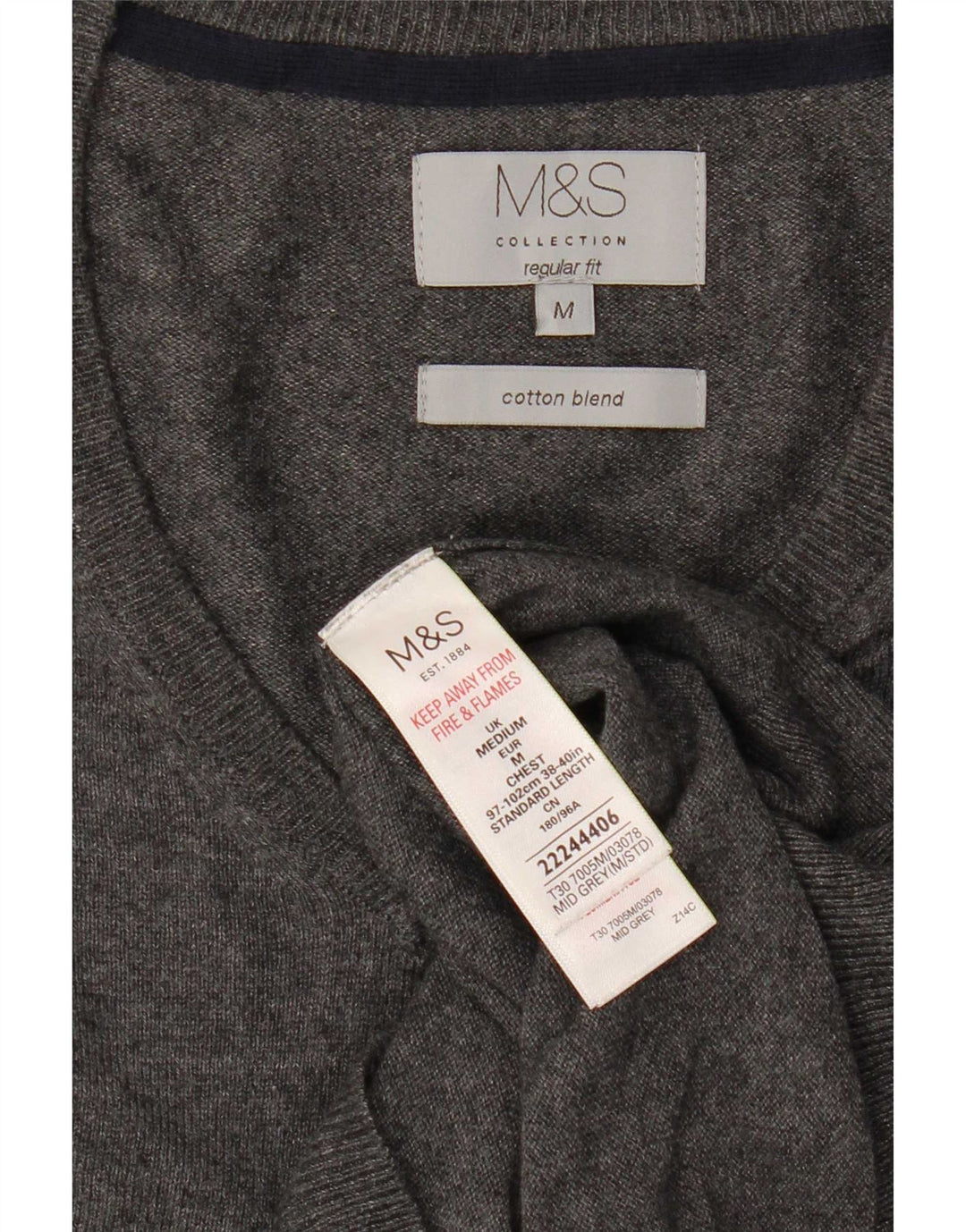Marks & Spencer Mens Regular Fit V-Neck Jumper Sweater Medium Grey Cotton
