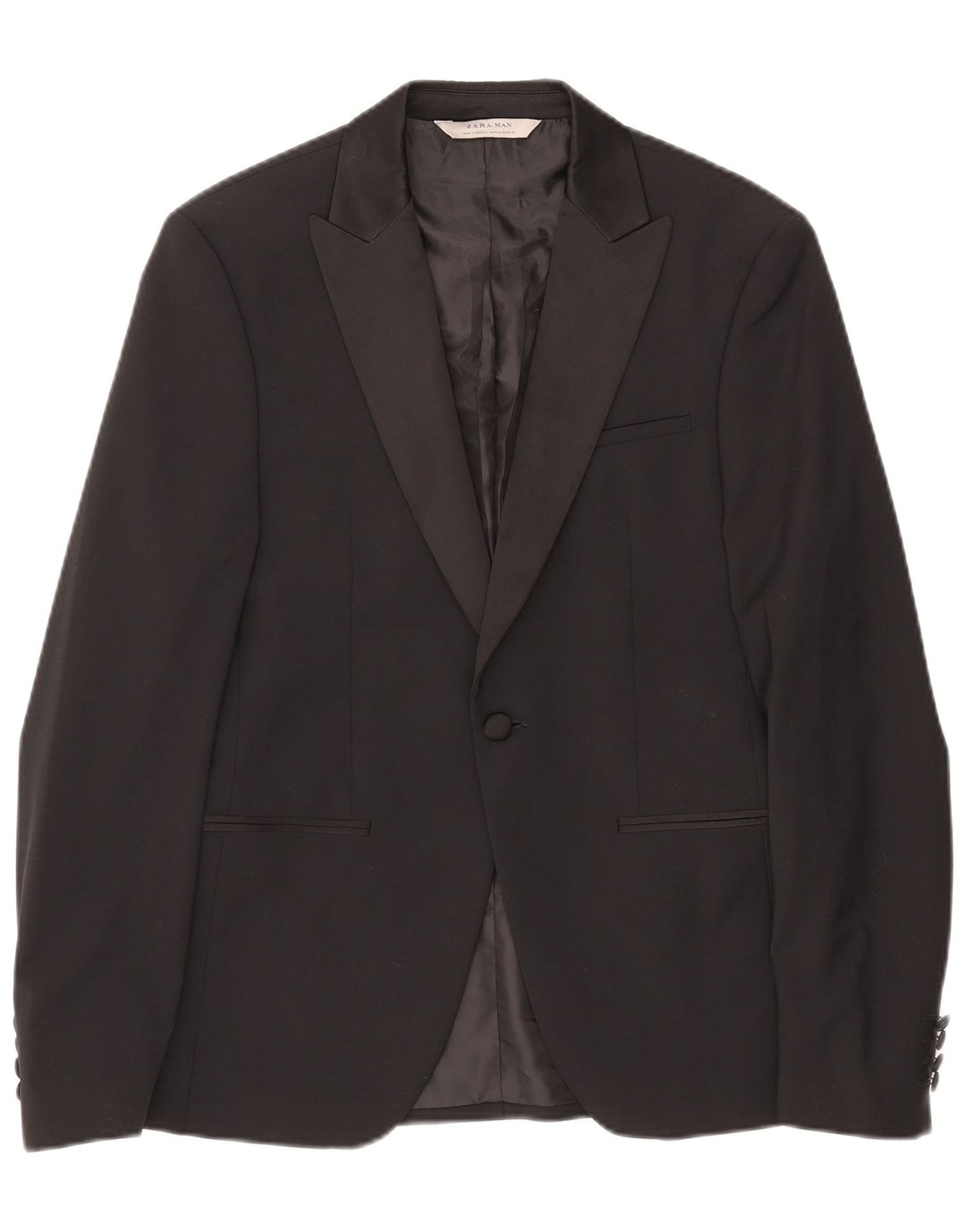 Zara Herre 1 Knap Blazer Jakke EU 48 Medium Sort Polyester