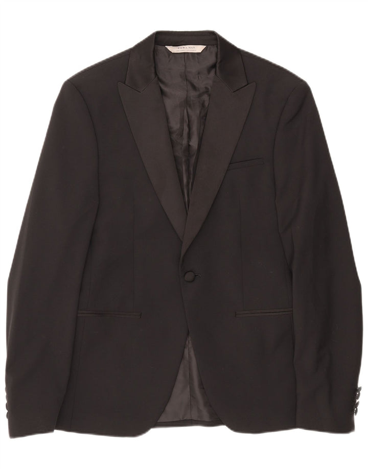 Zara Herre 1 Knap Blazer Jakke EU 48 Medium Sort Polyester