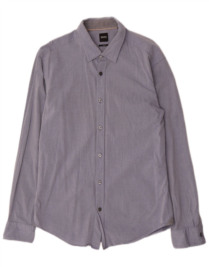 HUGO BOSS Mens Abstract Pattern Slim Fit Shirt Large Blue Cotton