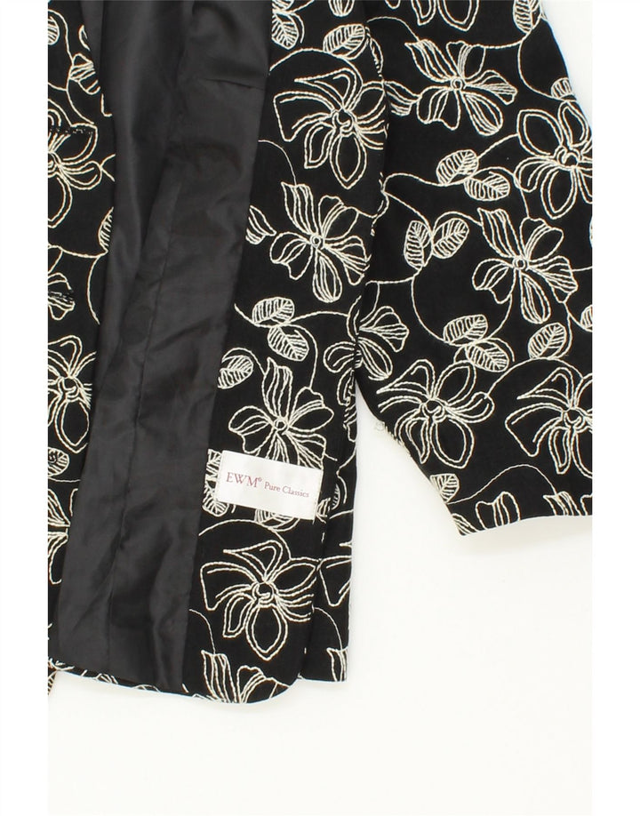 EWM Womens 3 Button 3/4 Sleeve Blazer Jacket UK 14 Medium  Black Floral Vintage EWM and Second-Hand EWM from Messina Hembry 