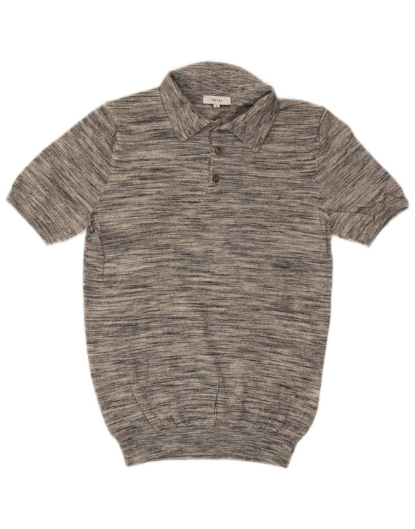Reiss Mens Short Sleeve Polo Neck Jumper Sweater Small Grey Flecked
