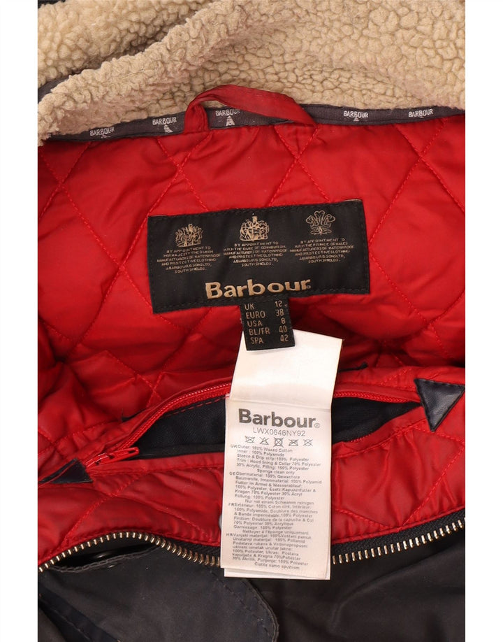BARBOUR Womens Hooded Oversized Waxed Jacket UK 12 Medium Navy Blue Cotton