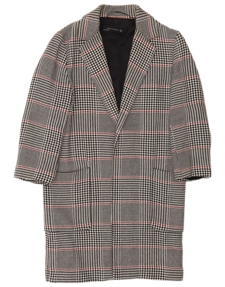 Zara Womens Open Overcoat UK 10 Small Navy Blue Houndstooth Cotton