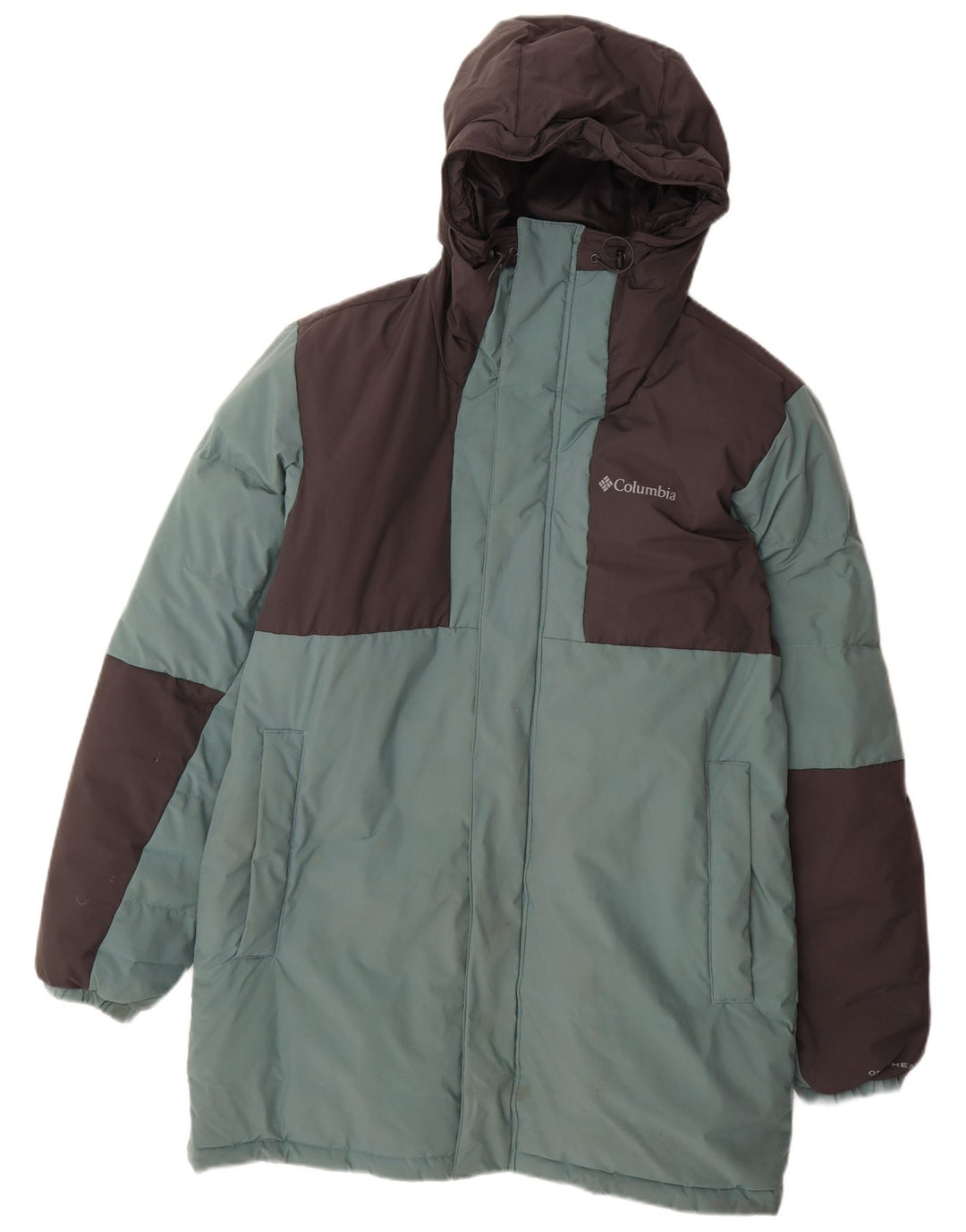 COLUMBIA Mens Hooded Padded Coat UK 38 Medium Blue Colourblock Polyester