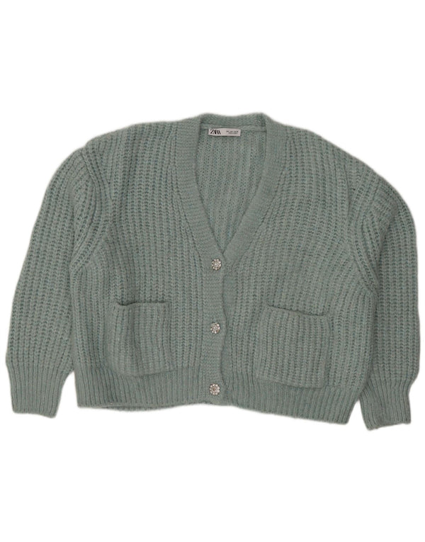 Zara Womens Crop Oversized Cardigan Sweater UK 16 Large Green Acryl