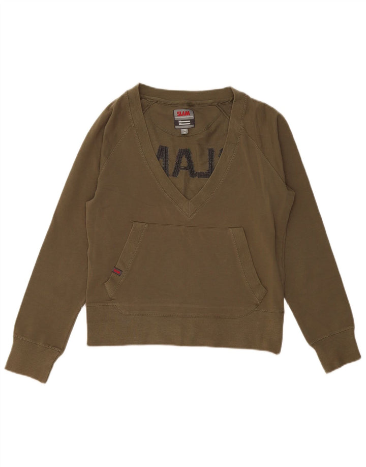 SLAM Womens Graphic Sweatshirt Jumper UK 14 Medium Khaki Cotton