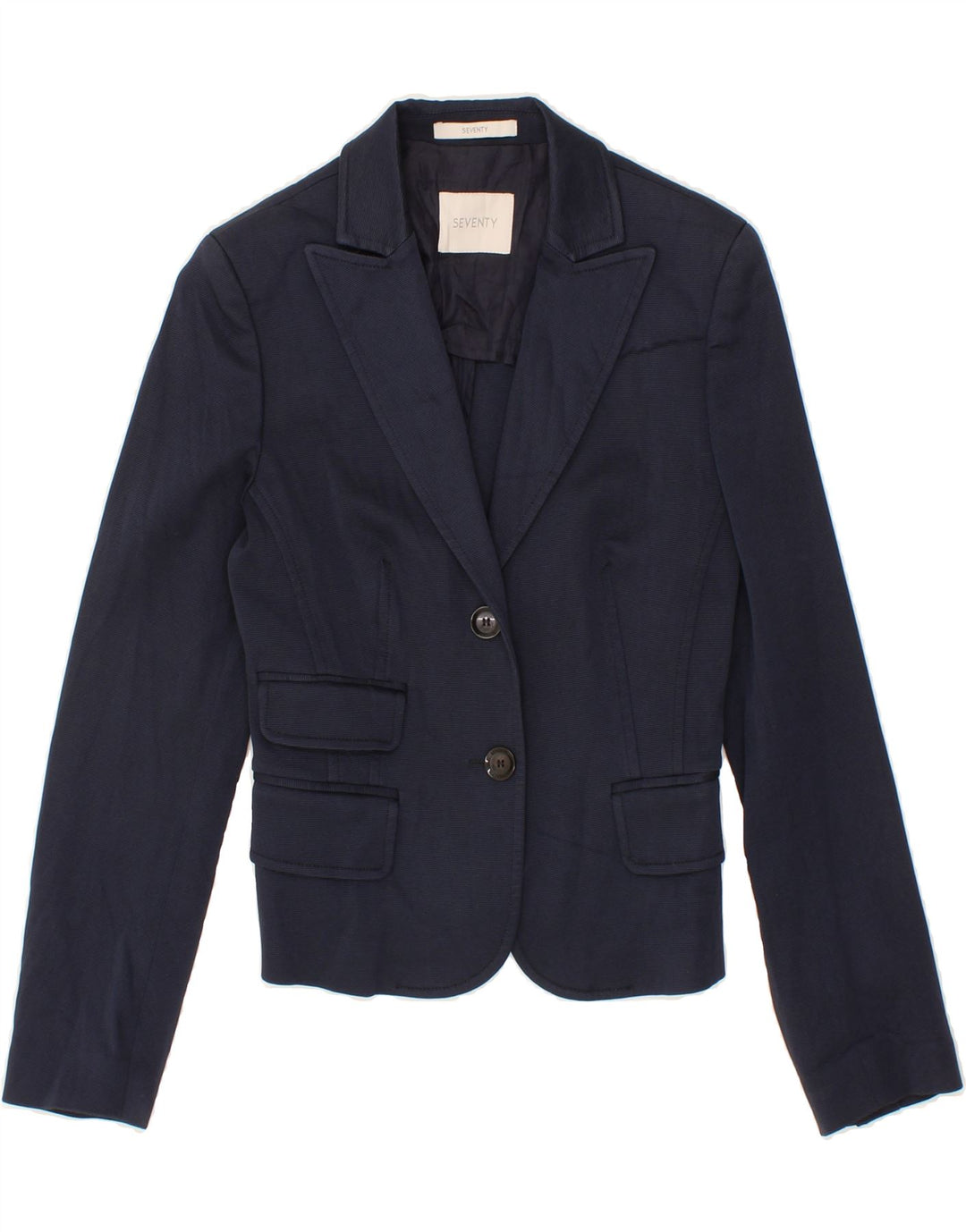 SEVENTY Womens 2 Button Blazer Jacket UK 8 Small Navy Blue Pinstripe Vintage Seventy and Second-Hand Seventy from Messina Hembry 
