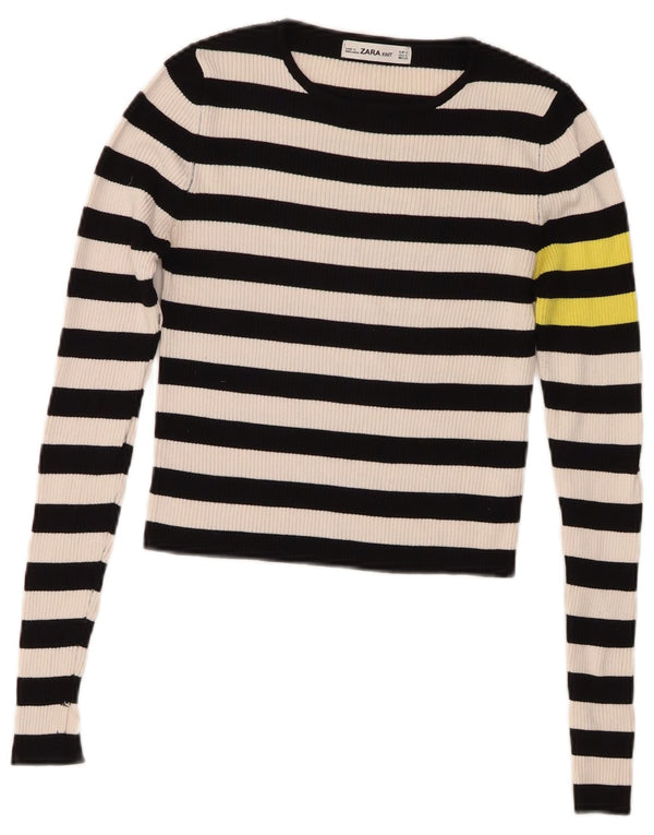 Zara Womens Crop Top Manches Longues UK 10 Petit Bleu Marine Rayé