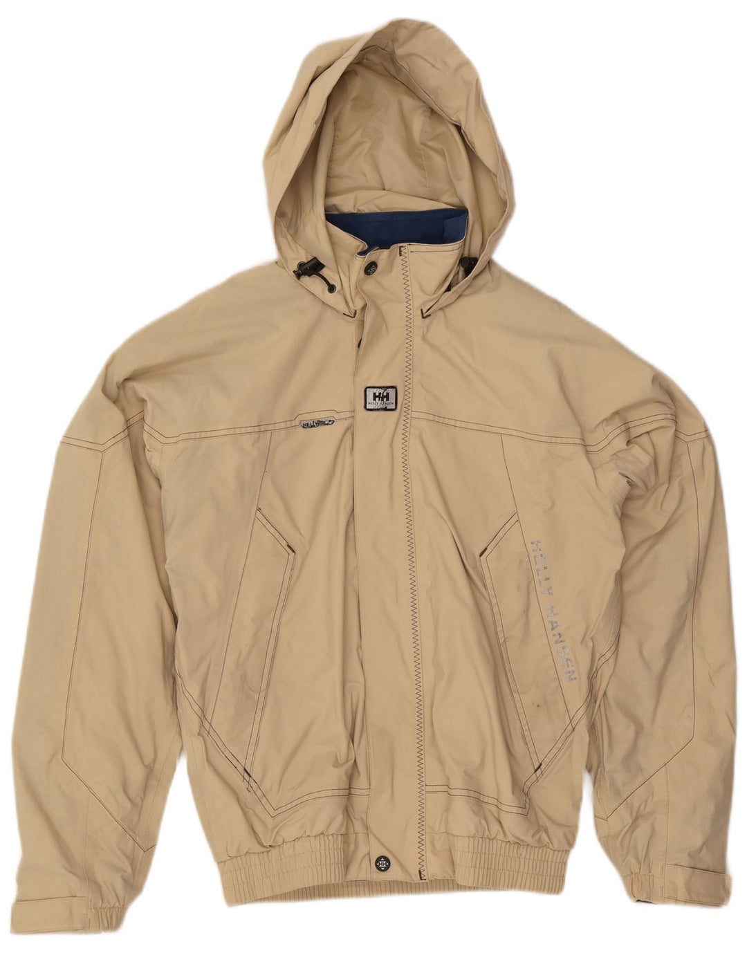 Helly Hansen Mens Graphic Hooded Bomber Jacket UK 36 Small Beige Nylon