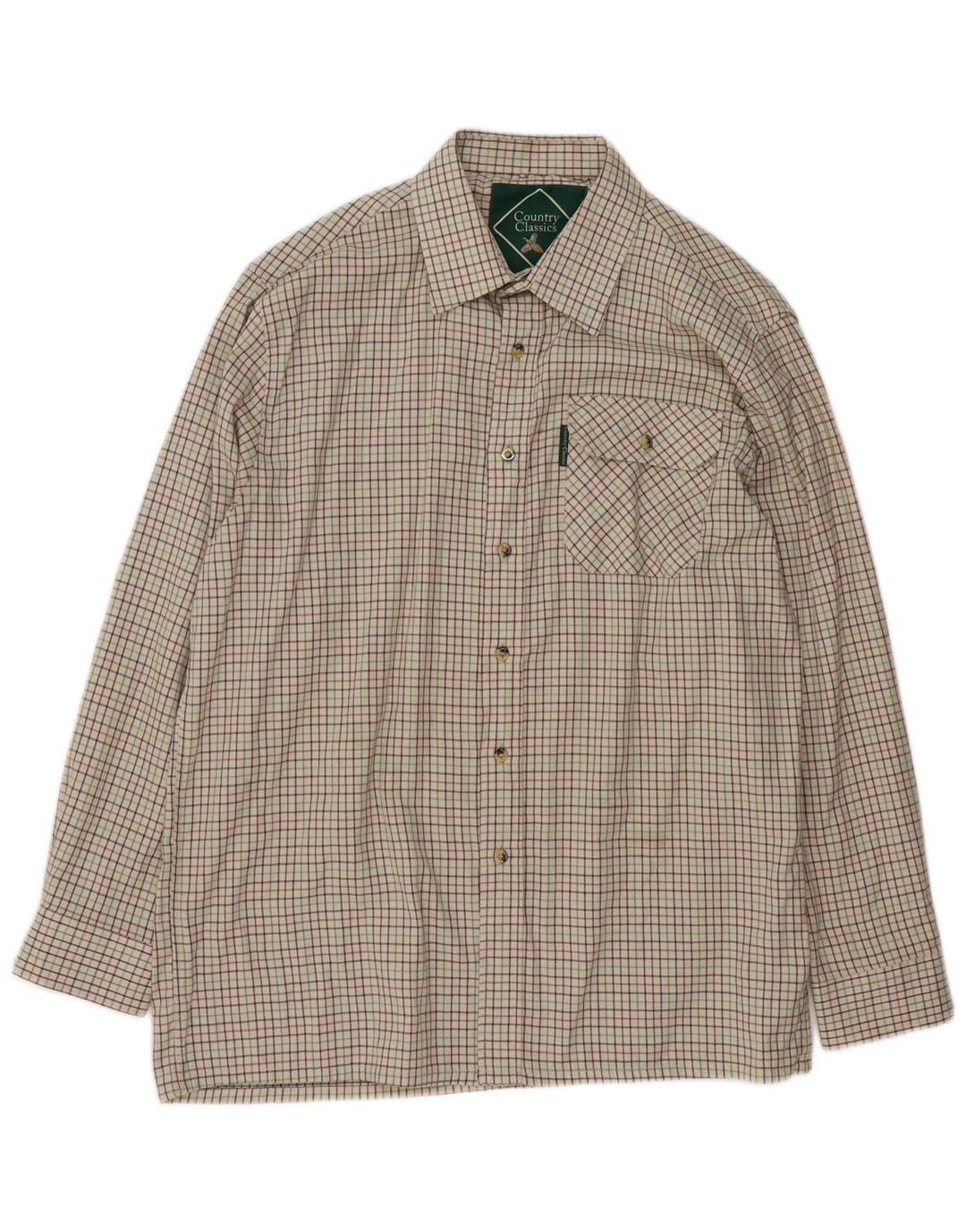 Vintage Mens Shirt Size 16 1/2 Large Beige Check Polyester