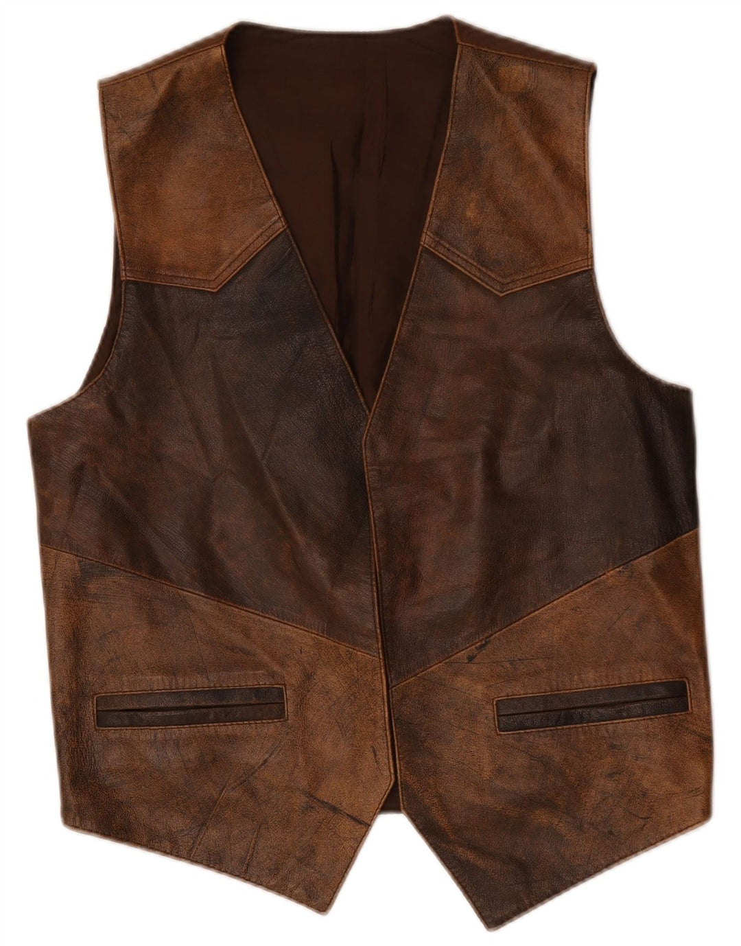 Vintage Mens Leather Waistcoat Medium Brown Colourblock