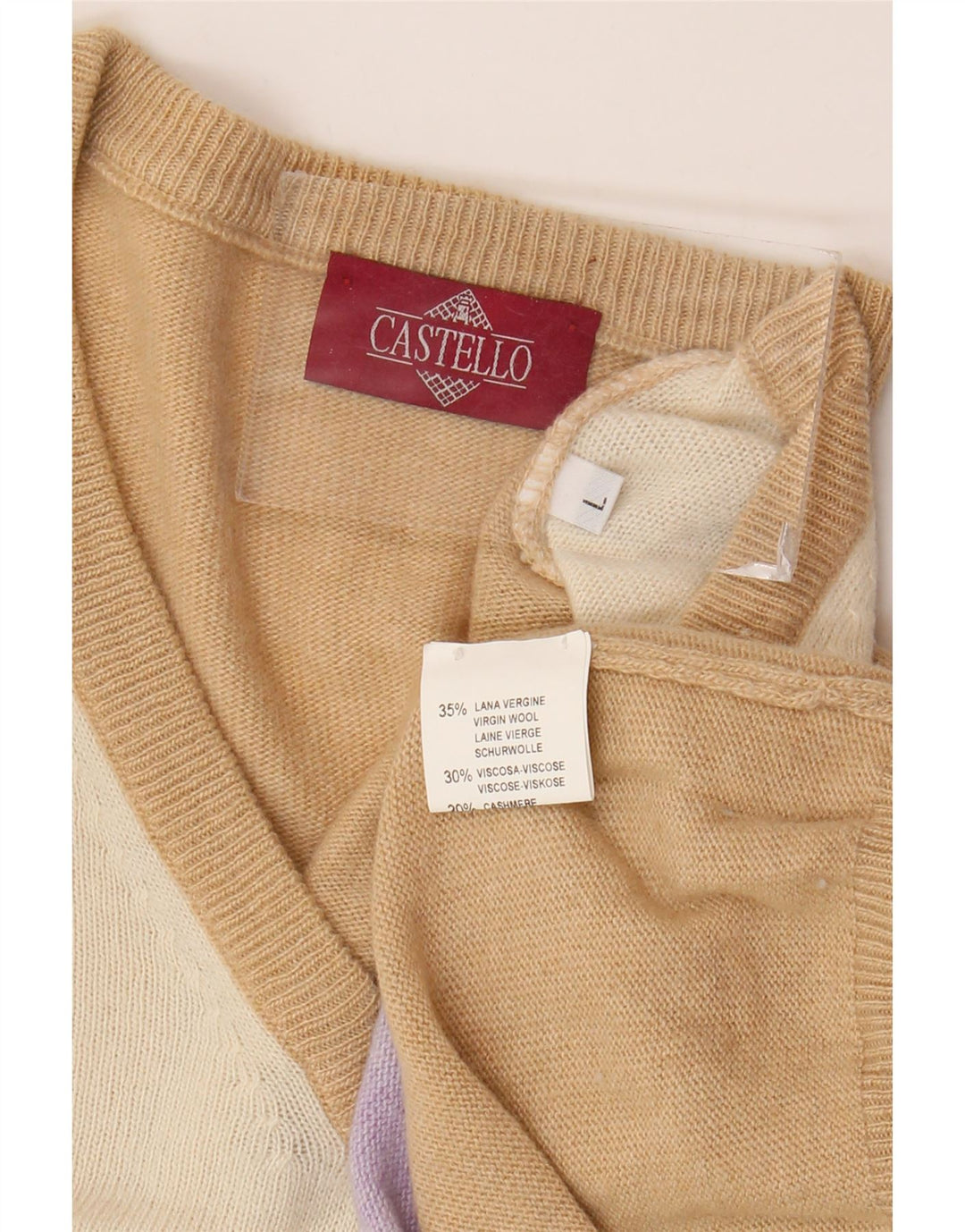 Maglione da uomo con scollo a V Castello, grande, in lana vergine beige a rombi/diamanti