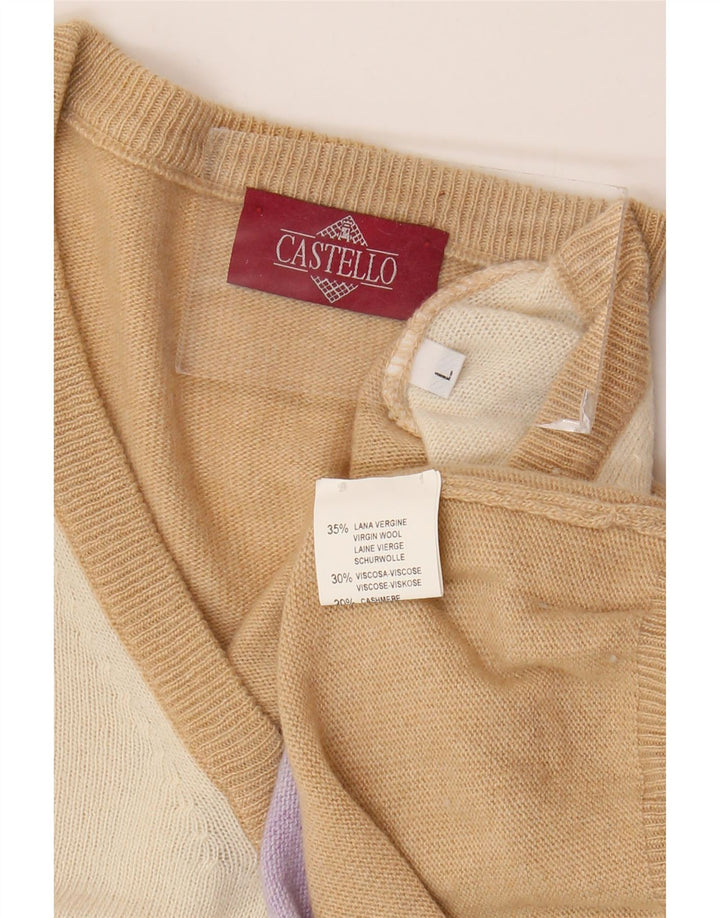 Maglione da uomo con scollo a V Castello, grande, in lana vergine beige a rombi/diamanti