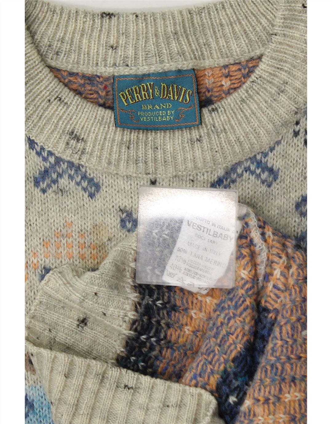 Maglione vintage da uomo con scollo a barca in lana geometrica grigio medio