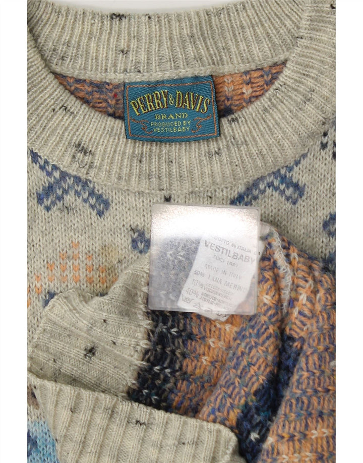 Maglione vintage da uomo con scollo a barca in lana geometrica grigio medio