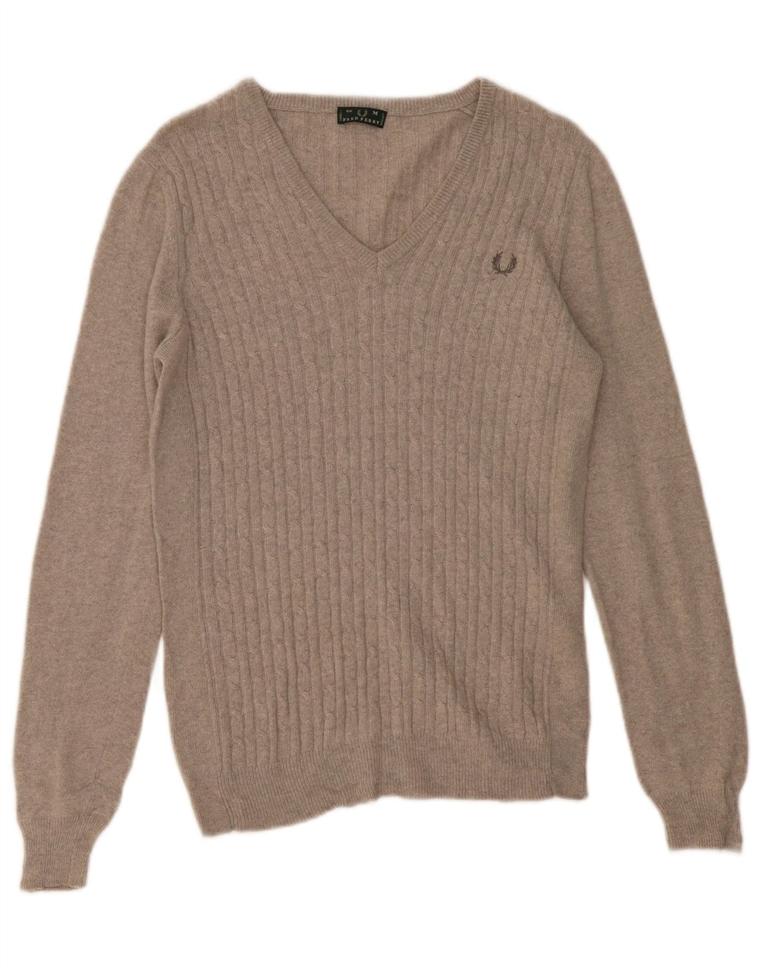 FRED PERRY Womens V-Neck Jumper Sweater UK 12 Medium Grey Wool