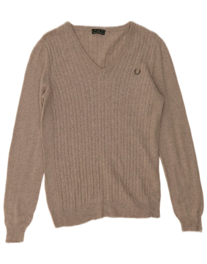 FRED PERRY Womens V-Neck Jumper Sweater UK 12 Medium Grey Wool