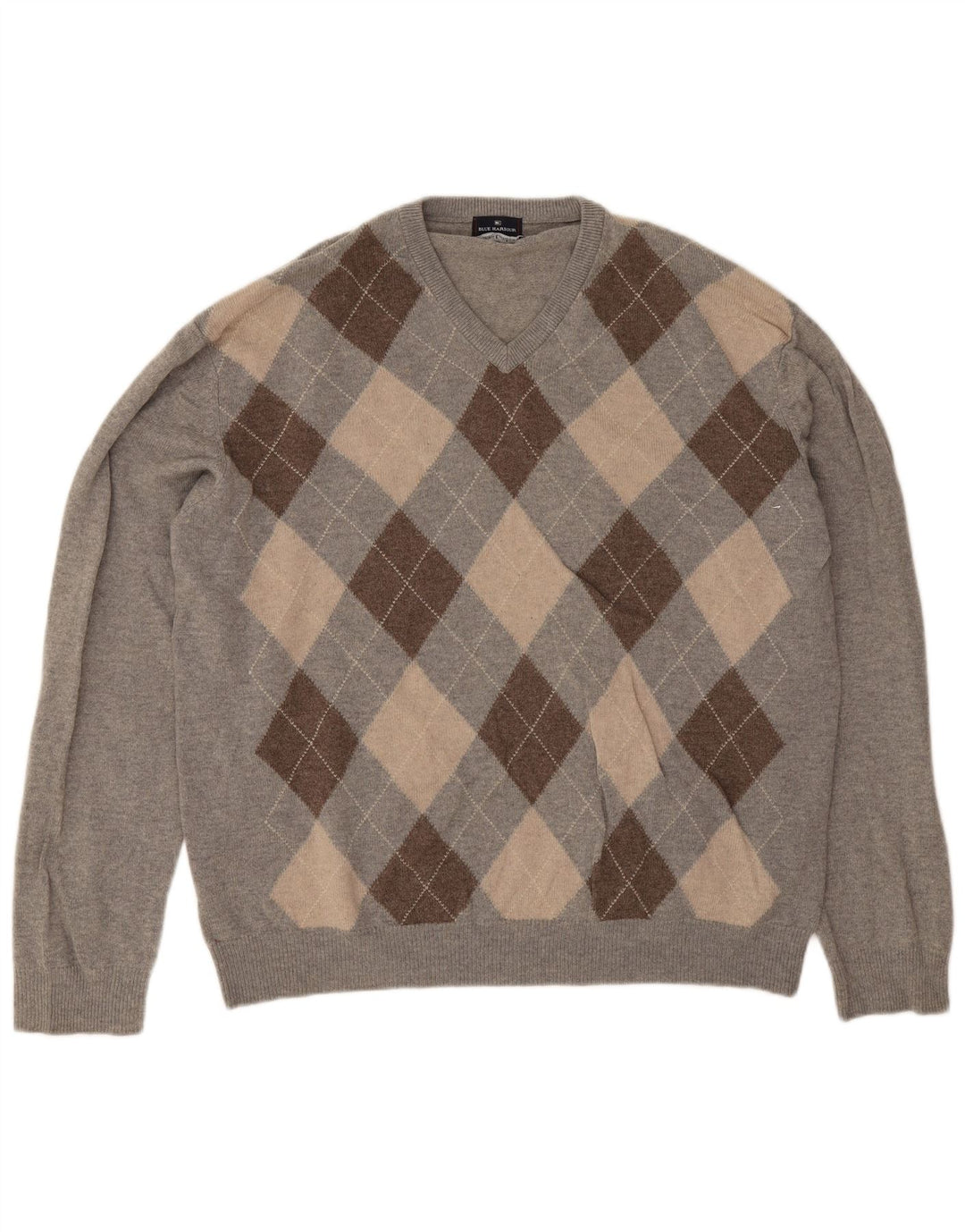 Marks & Spencer Mens V-Neck Jumper Sweater 2XL Grey Argyle/Diamond
