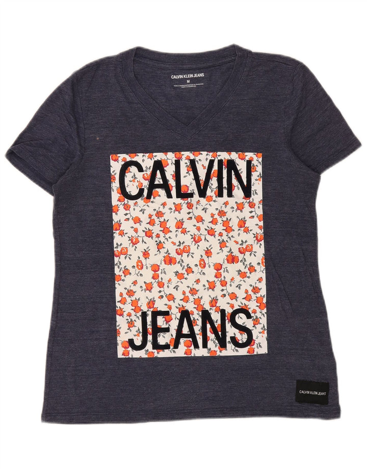 CALVIN KLEIN Dame Grafisk T-Shirt Top UK 14 Medium Navy Blue Polyester