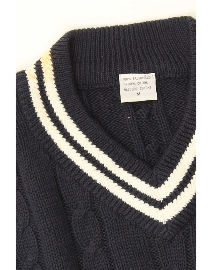 Vintage Mens V-Neck Jumper Sweater Medium Navy Blue Cotton