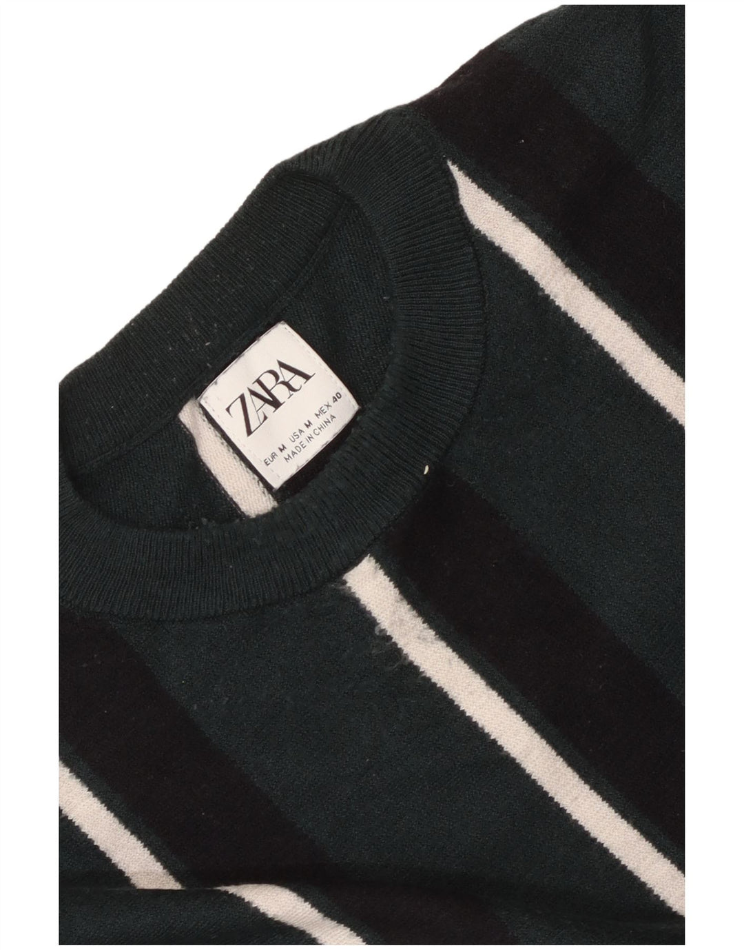 Zara Mens Crew Neck Jumper Sweater Medium Green Striped