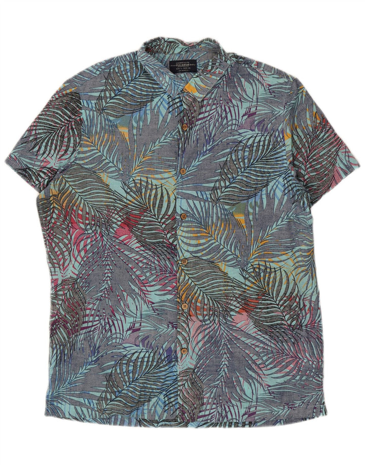 Maglia a maniche corte da uomo Pull & Bear grande hawaiana in cotone floreale blu