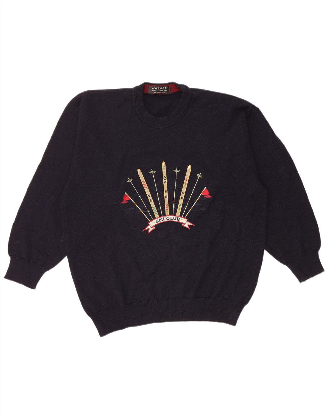 Jaeger Mens Graphic Crew Neck Jumper Sweater Large Navy Blue Wool