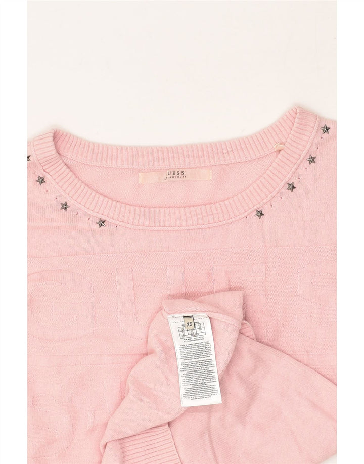 GUESS Womens Longline Graphic Boat Neck Jumper Sweater UK 6 XS Pink Cotton | Vintage Guess | Thrift | Second-Hand Guess | Used Clothing | Messina Hembry 