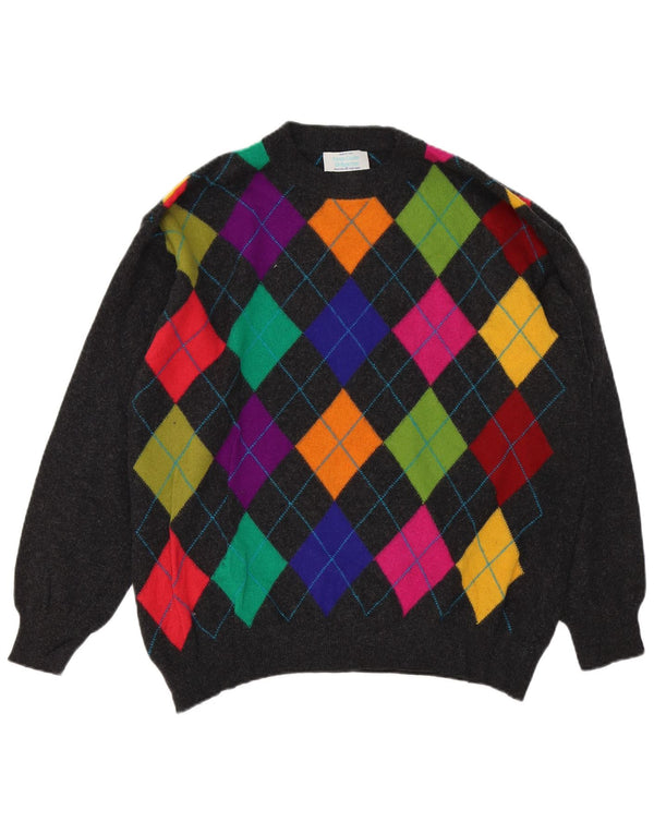 Benetton Mens Crew Neck Jumper Sweater IT 50 Medium Grey Argyle/Diamond
