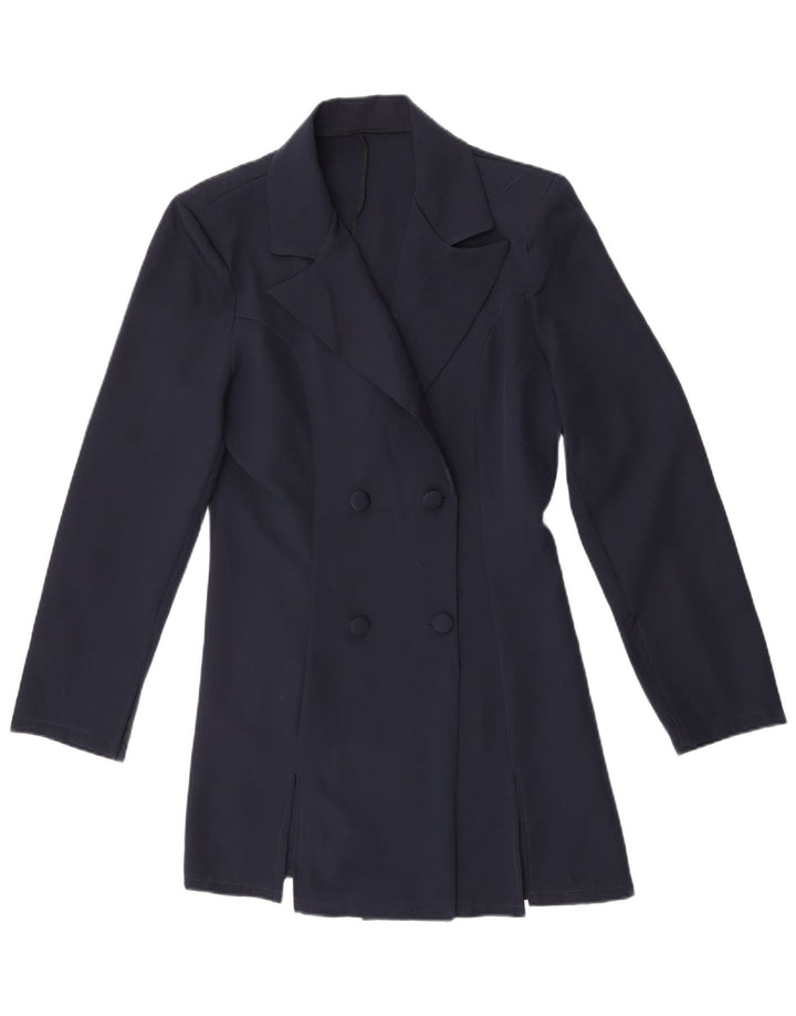 Cappotto doppiopetto vintage da donna UK 14 poliestere medio blu navy