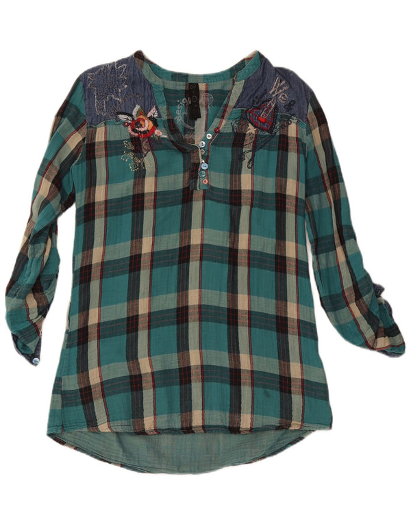 Desigual Damen Langarmblusenoberteil UK 16 Large Türkis Karo