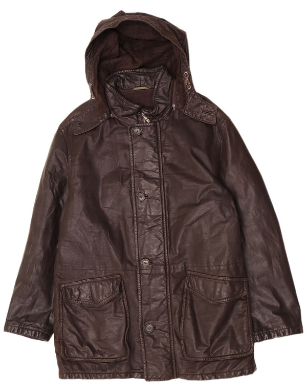Cappotto in pelle con cappuccio vintage da uomo UK 42 XL Marrone