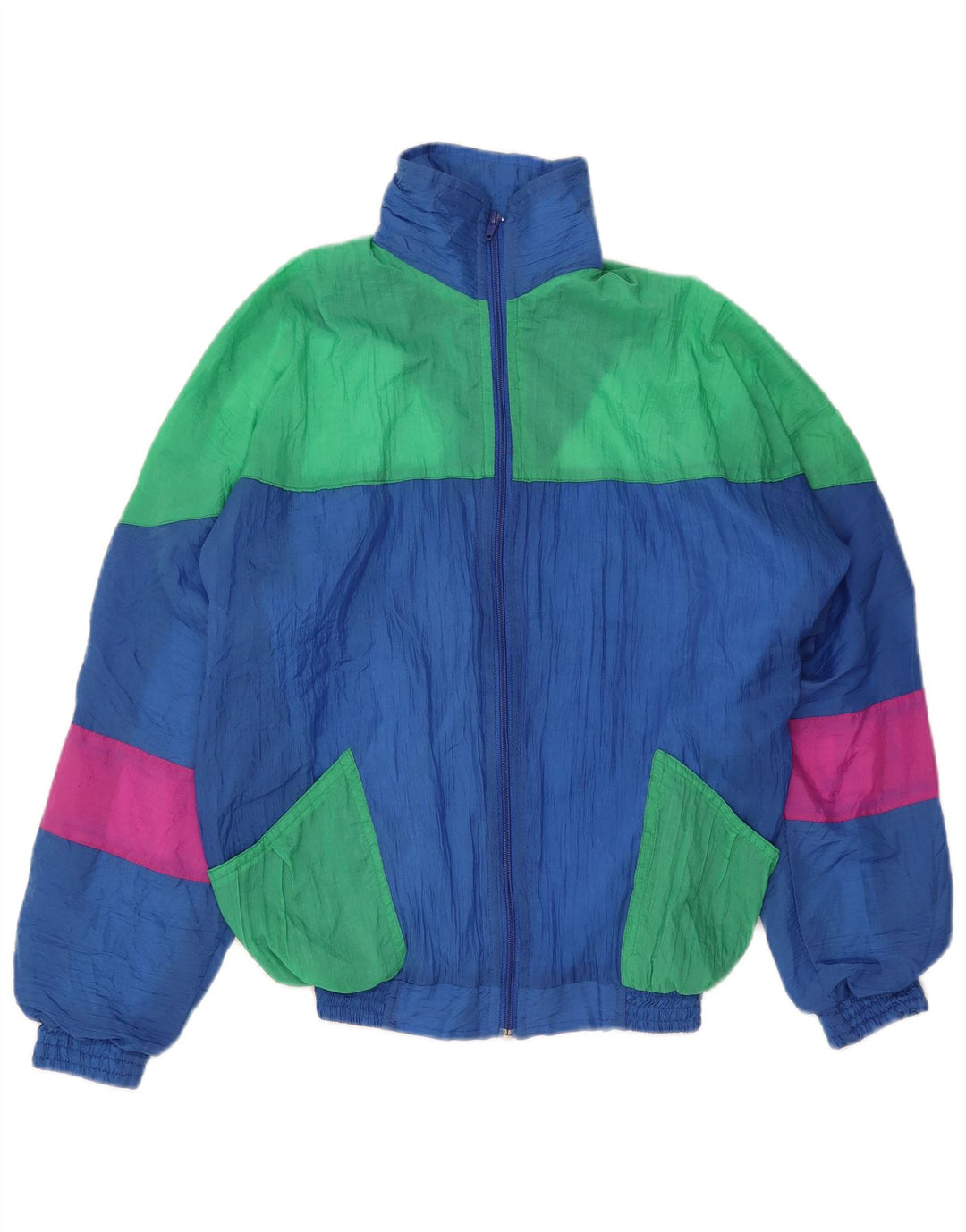 Vintage Mens Tracksuit Top Jacket Small Blue Colourblock Polyurethane Retro