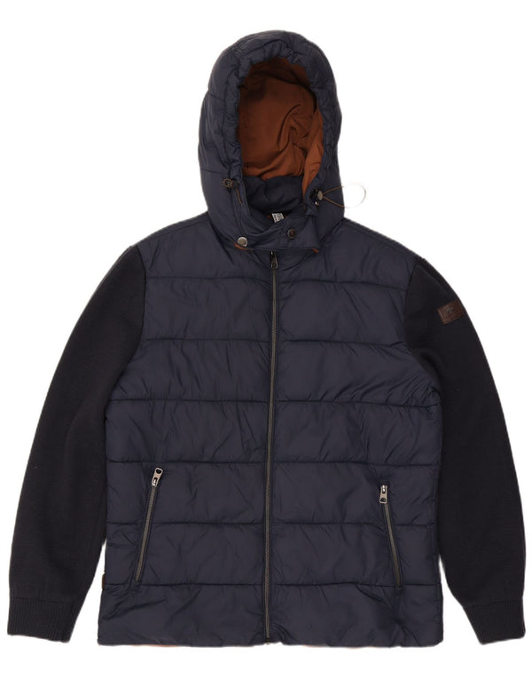 Fynch Hatton Mens Hooded Padded Jacket UK 38 Medium Navy Blue Colourblock