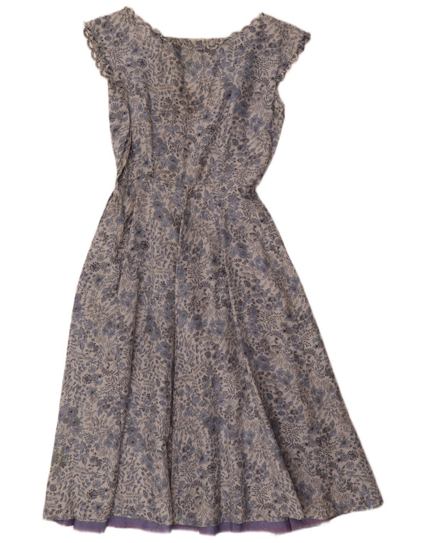 Vintage Dame A-Line Kjole UK 12 Medium Blue Floral