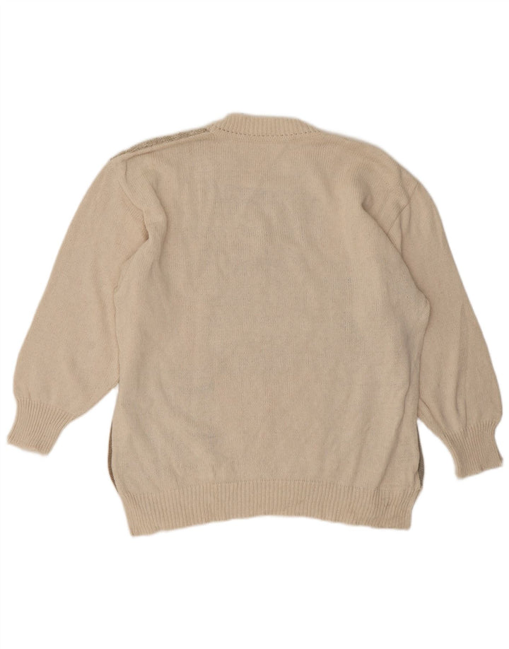 vintage Femme Crew Neck Jumper Pull EU 42 Grand Beige Patchwork