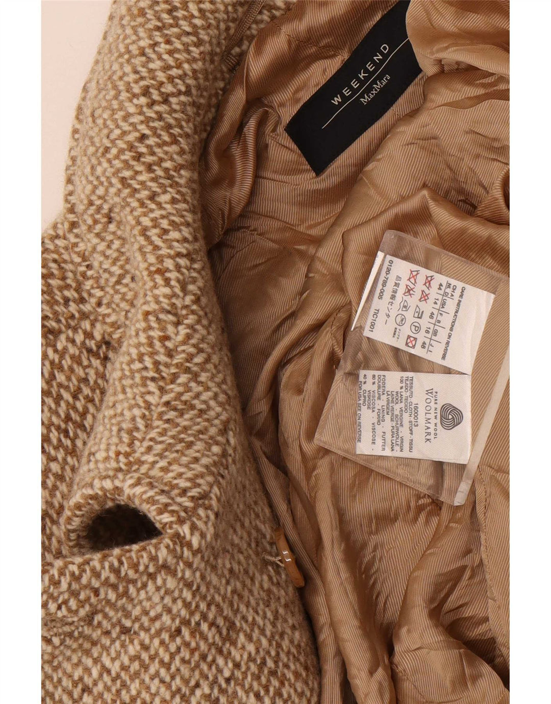 Max Mara Womens Weekend Pea Coat UK 16 Large Beige Herringbone Wool
