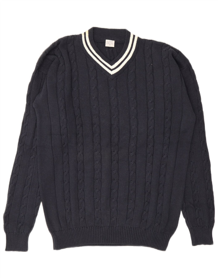 Vintage Mens V-Neck Jumper Sweater Medium Navy Blue Cotton