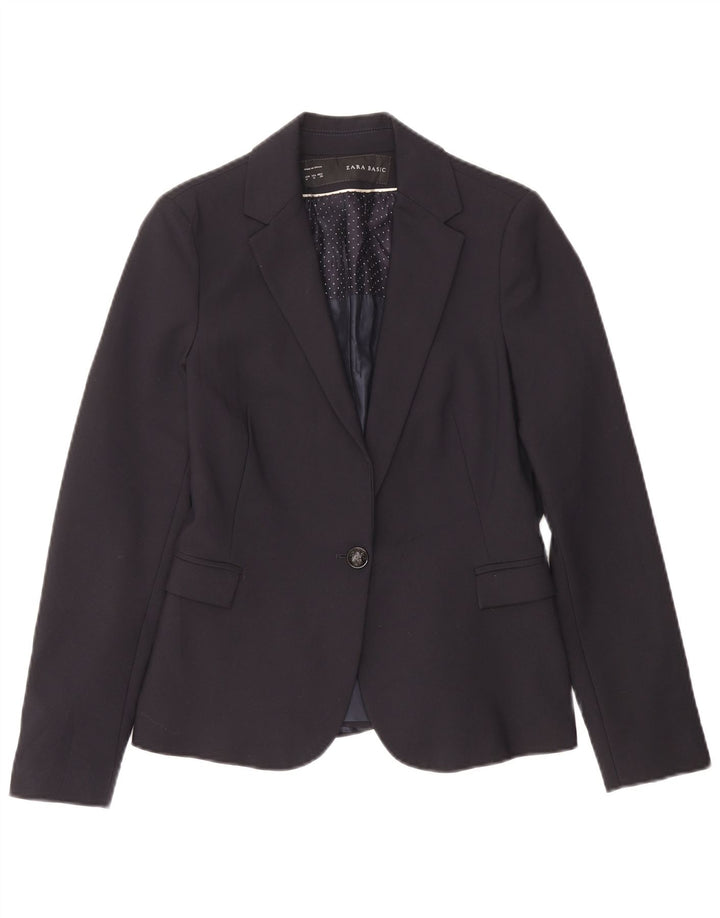 Zara Womens 1 Button Blazer Jacket UK 12 Medium Navy Blue Acetate