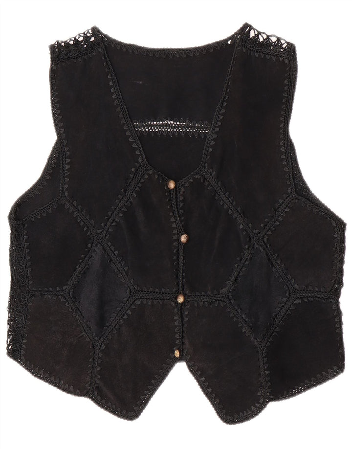 Vintage Damen Crop Wildleder Weste UK 14 Medium Schwarz Patchwork